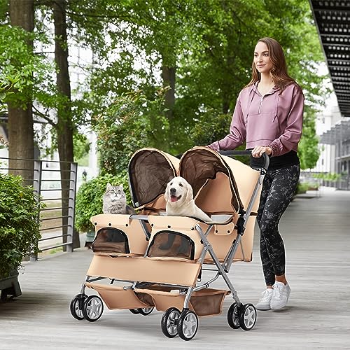 Joyfultails Hundewagen, Doppel-Haustier-Kinderwagen, faltbarer Kinderwagen für 2 Hunde und Katzen, Zweisitzer-Tragetasche, Twin Dog Walk Jogger, Reise-Haustierwagen mit Stauraum, Beige
