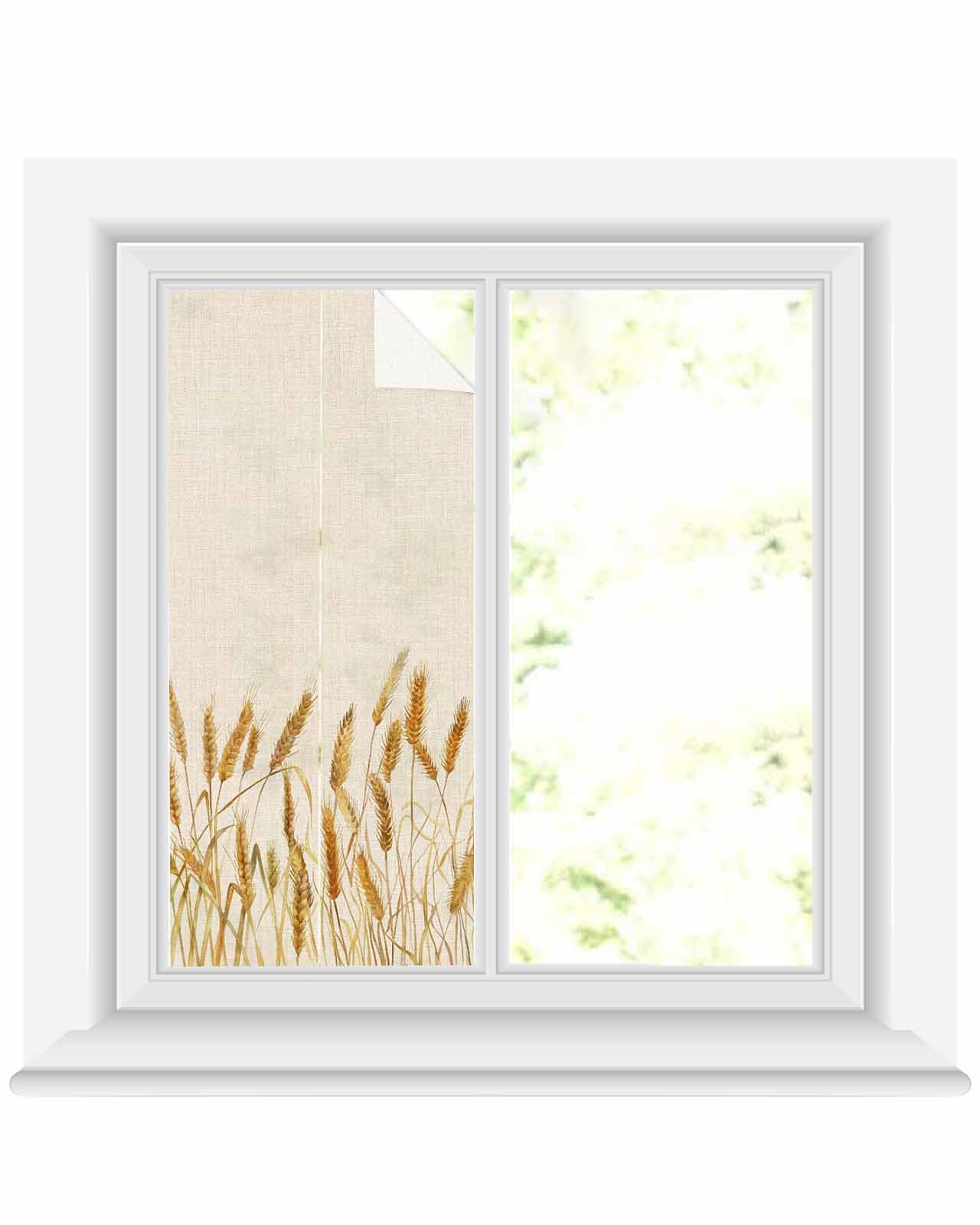 Lsrtoss Window Privacy Film, Fall Wheat Window Clings Non-Adhesive Door Cover, Autum Botanical Rustic Yellow Orange Window Film Decorative, Removable Window Tint for Bathroom/Classroom 17.7