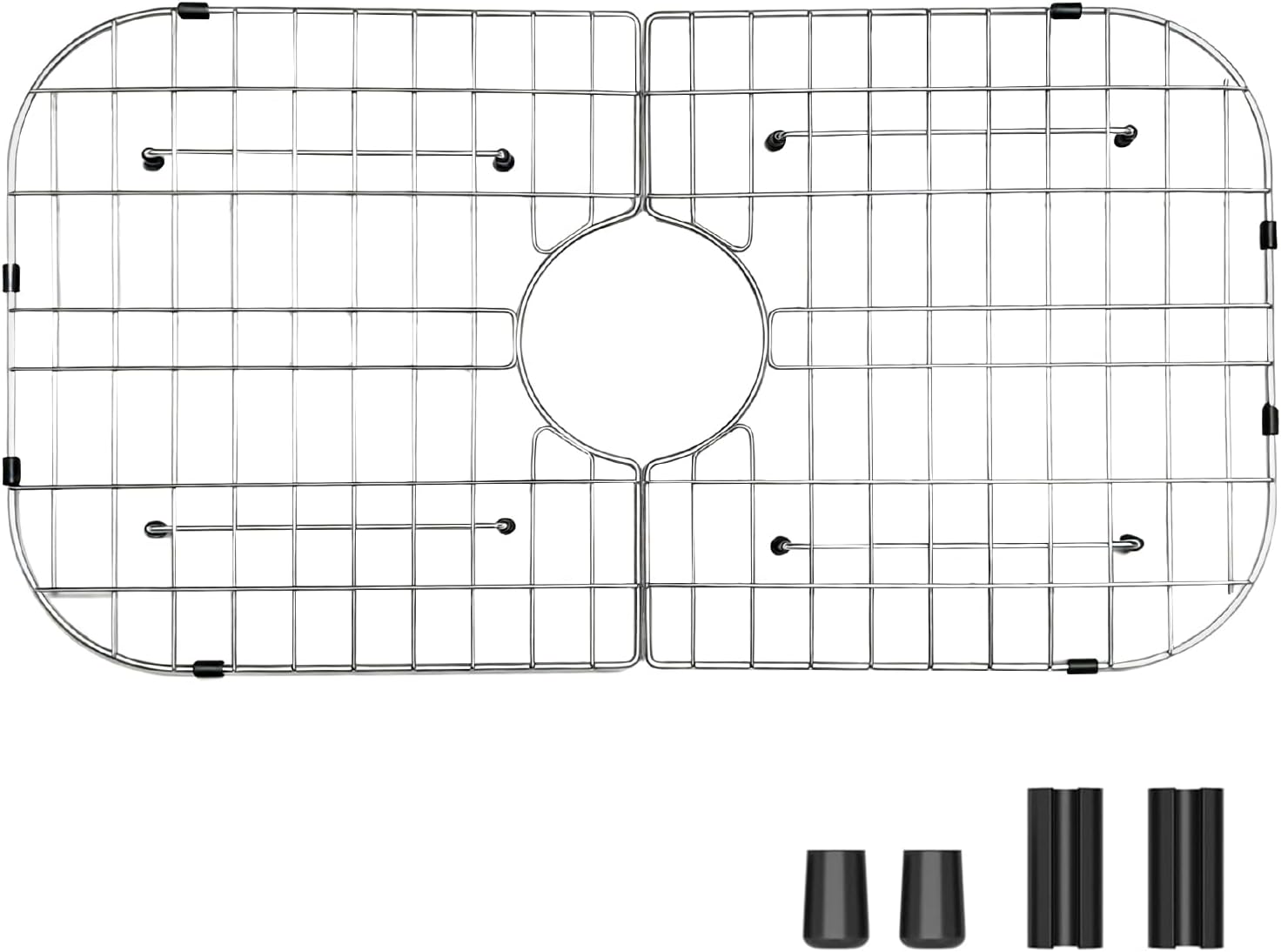 Foldable Sink Protector Grid, 26-1/16" x 14-1/16" Sink Bottom Rack, Center Drain Hole with Corner Radius 1-3/4", 304 Stainless Steel Sink Liner Mat for Single Bowl Kitchen Sink