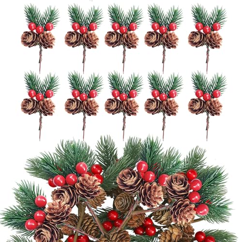 10Pcs Fake Christmas Holly Red Berry Stems Floral Pine Cones Christmas Pines Needles Holly Berry Stems Decor for DIY Xmas Craft Wreath Decoration