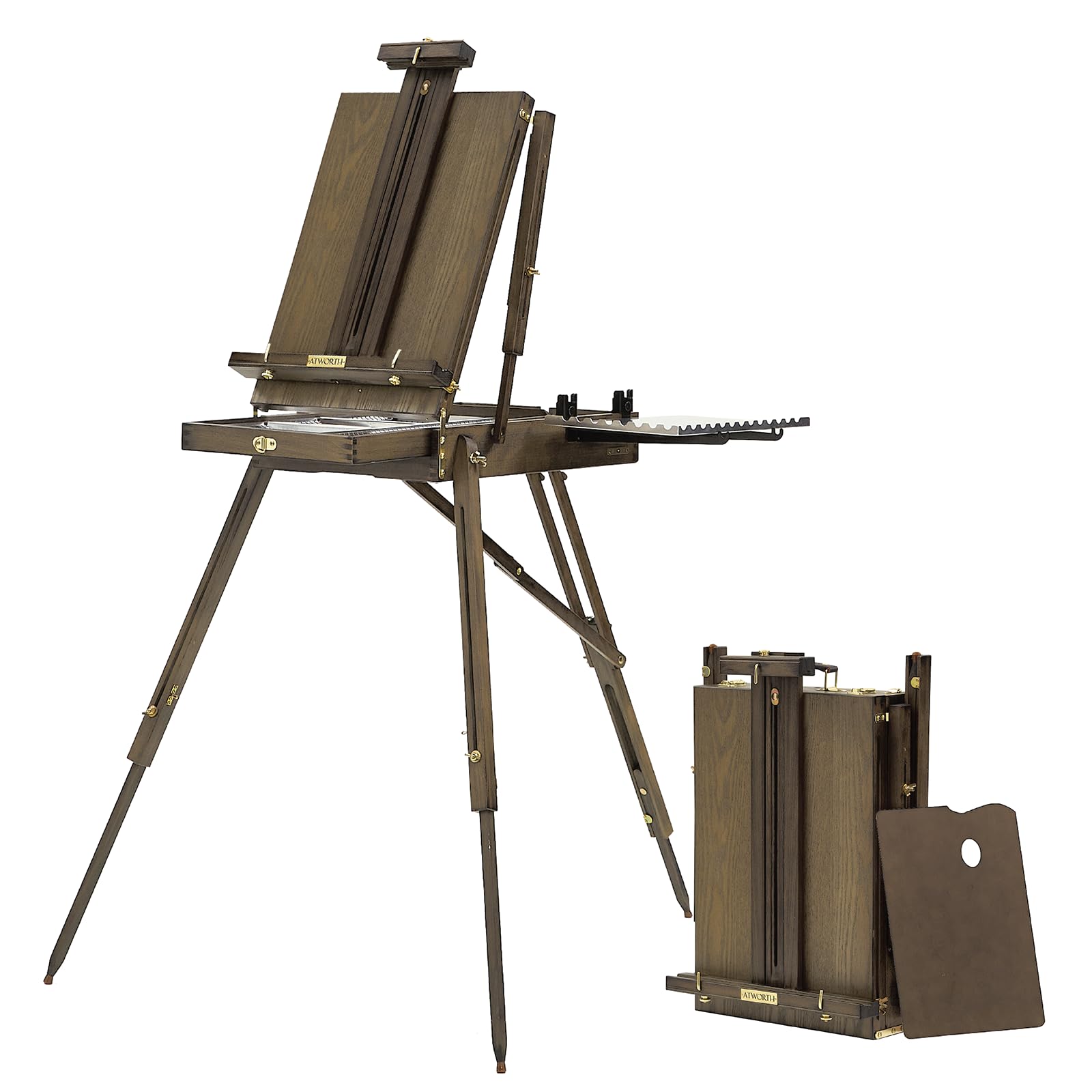 ATWORTH French Easel for Painting, Deluxe Beech Wooden Field & Studio Sketchbox Easel Stand with Metal Side Tray, Portable& Easy Transport for Painting Outdoor, Holds Canvas up to 34"- Gray Walnut