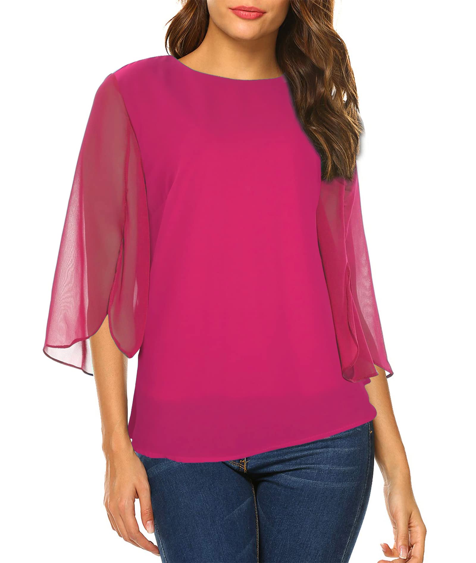 Oyamiki Womens Casual Chiffon Dressy Top Scoop Neck 3/4 Sleeve Double Layers Flowy Blouse Shirt