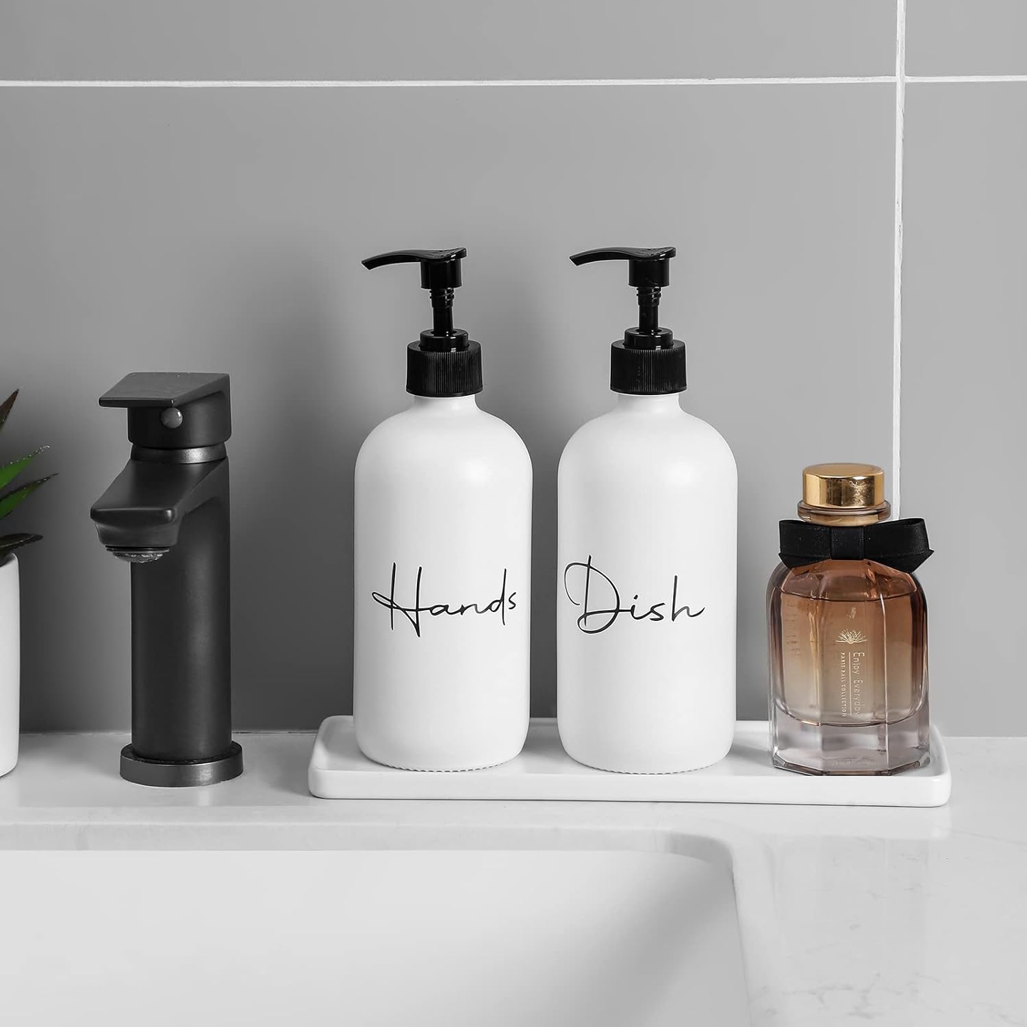 17 oz Hand Soap Dispenser Glass Liquid Dish Soap Bottles, Refillable Empty Lotion Pump Bottles for Bathroom Decor, Kitchen Sink, Matte Design, White, Pack of 2 - Image 3