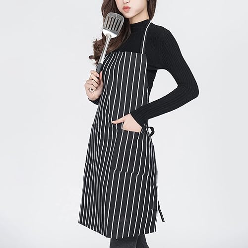 Miniatura 6 de Delantal de chef unisex a rayas blancas y negras para cocina, a prueba de aceite, para limpieza, manualidades, jardinería