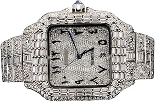 Moissanite Diamond Watch for Men Automatic Iced Out Square Arabic Dial Luxury Designer Wrist Watch Full Pavé Silver Tone Statement Watch Gift for Him