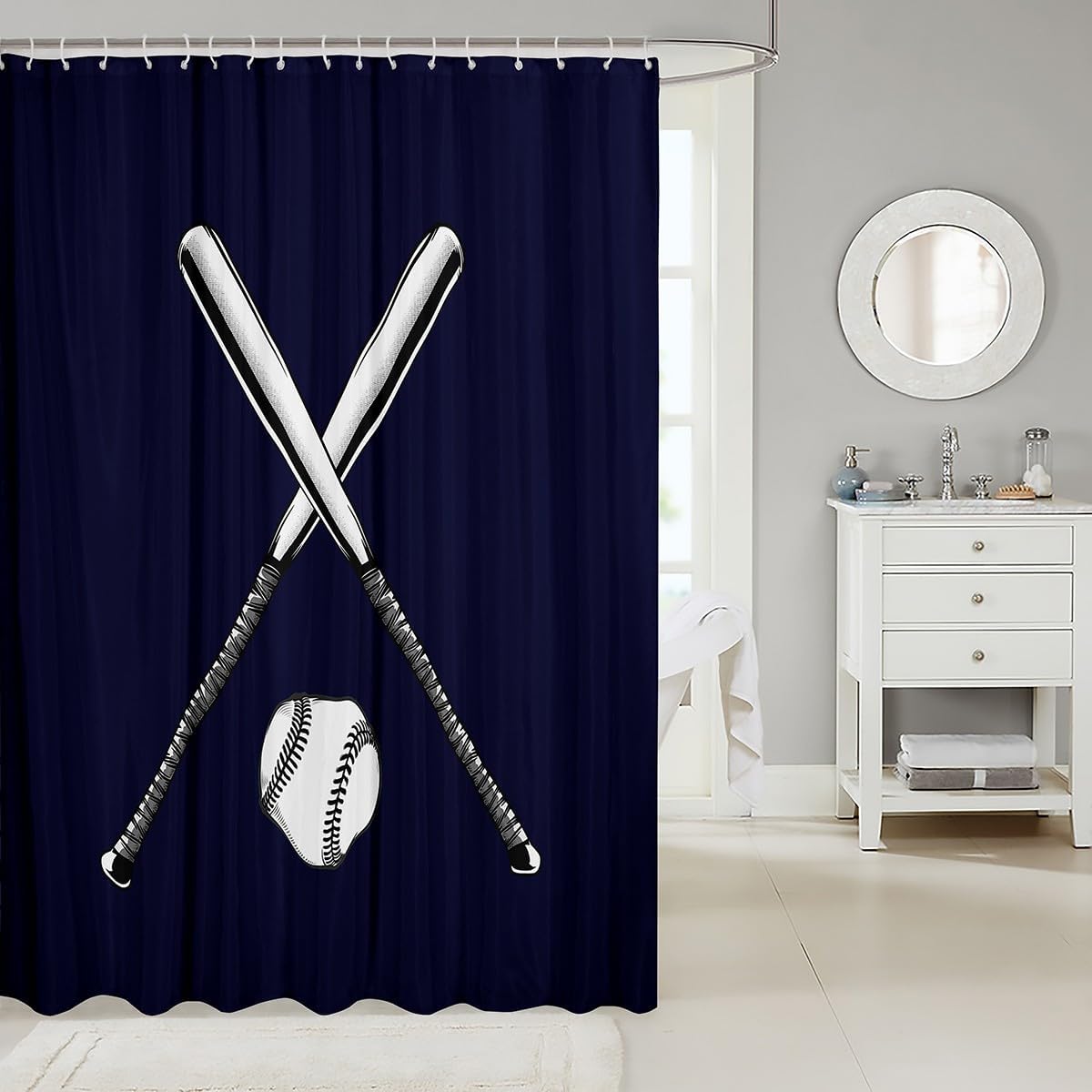 Homewish Baseball Bathroom Curtain,Baseball Player Shower Curtain for Kids Boys Teens Adult Room Decor,Ball Sports Gaming Waterproof Curtain Men Modern Dark Blue Bath Curtain,12 Hook,72" Wx84 L image 2