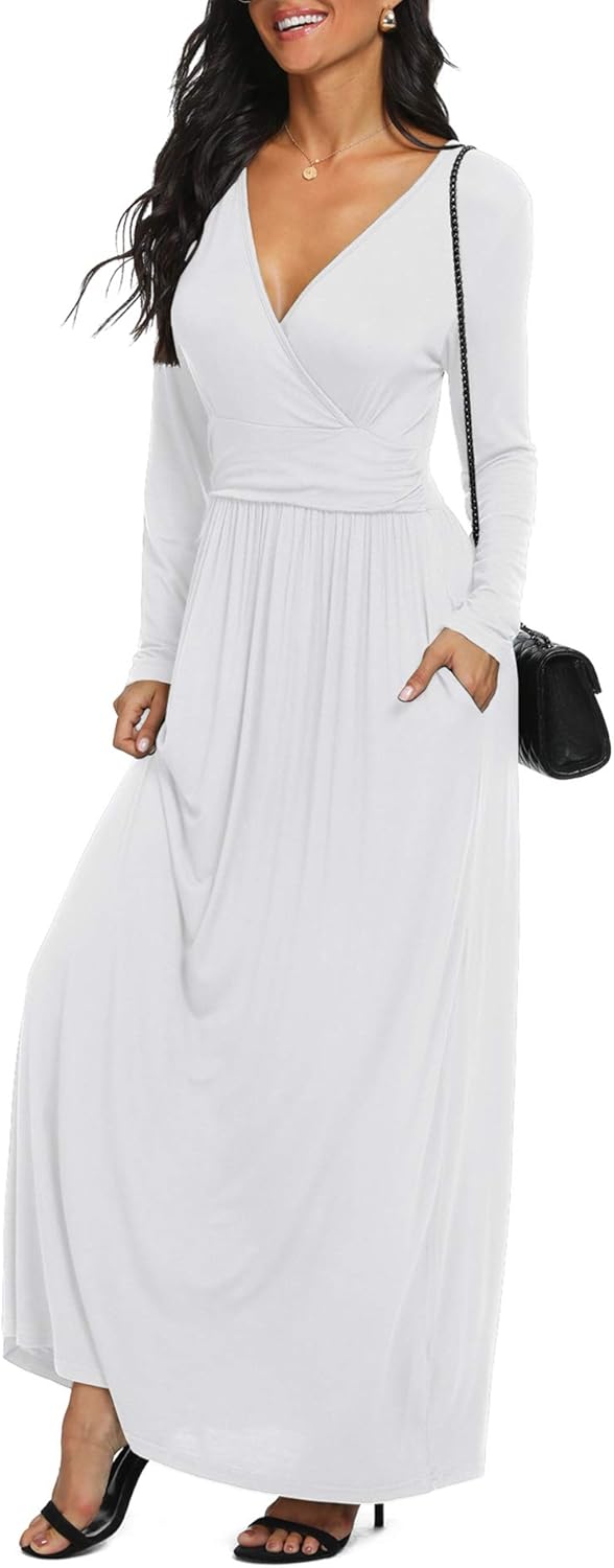 LILBETTER Women Long Sleeve Deep V Neck Loose Plain Long Maxi Casual Dress - Image 3