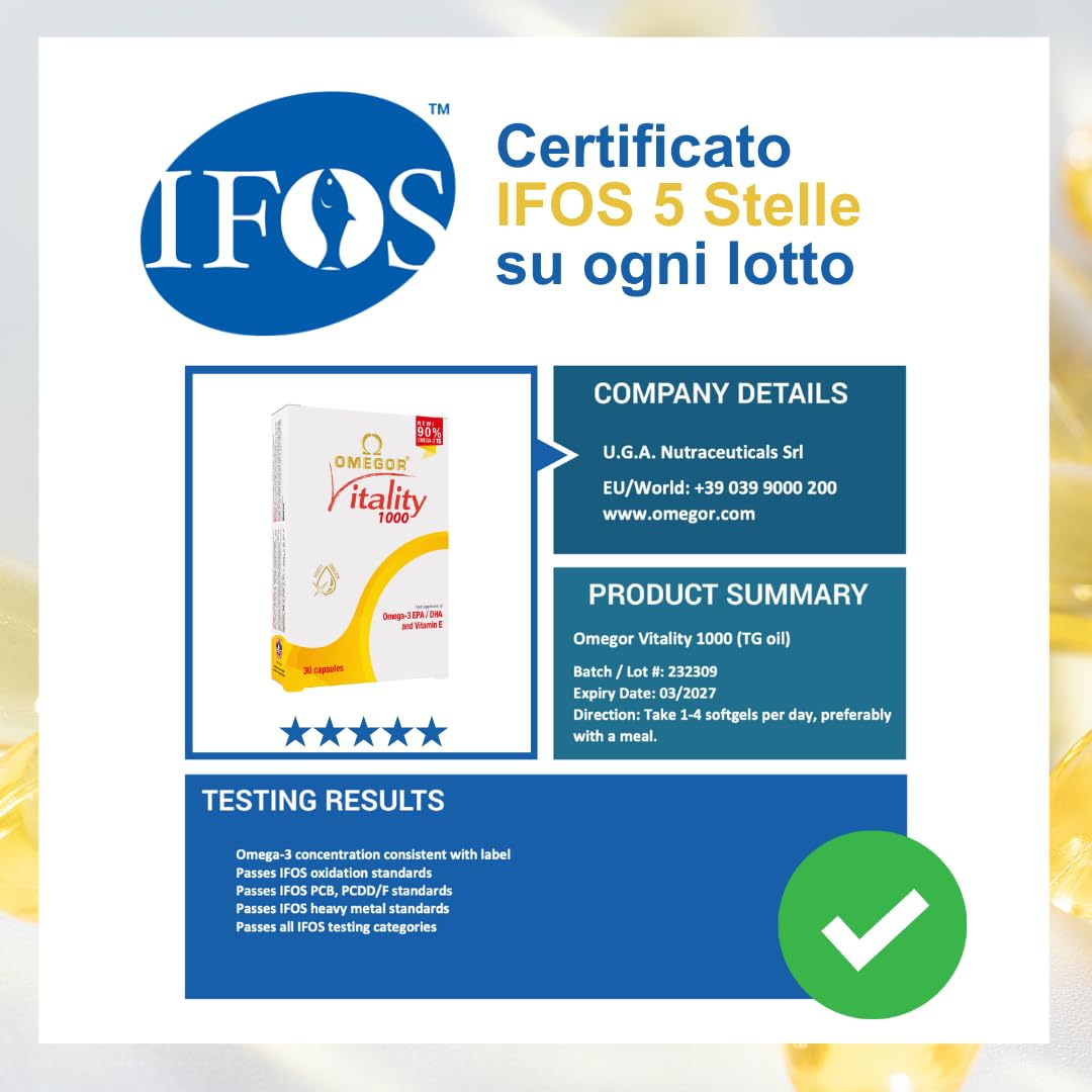 Omega3 2000 mg ad Alto Dosaggio per 2 Capsule - Omega 3 IFOS 5 Stelle - OMEGOR Vitality 1000 - Fornitura per 5 mesi - 30cps (10 Confezioni)