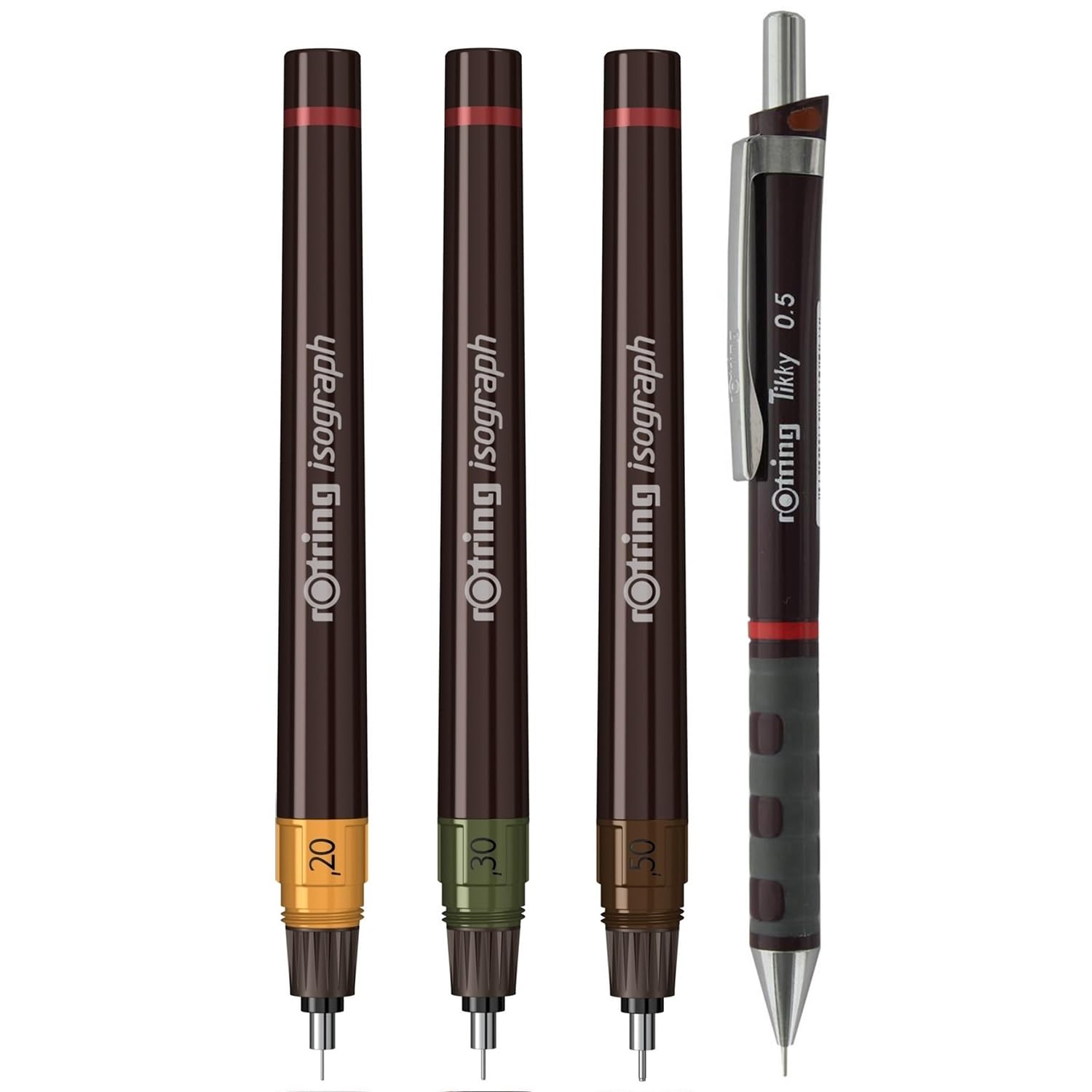 rOtring - Set de 3 Bolígrafos técnicos Isograph S0699320 Junior, 0.20 mm, 0.30 mm, 0.50 mm bolígrafos de punta fina y accesorios con cuaderno