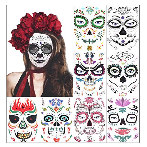 Halloween Temporary Face Tattoo, DIOZO Day of the Dead Sugar Skull Tattoo 8 Pack, Skeleton Face Tattoo Red Roses Kit for Women Men Kids, Masquerade and Halloween Party Favor Supplies