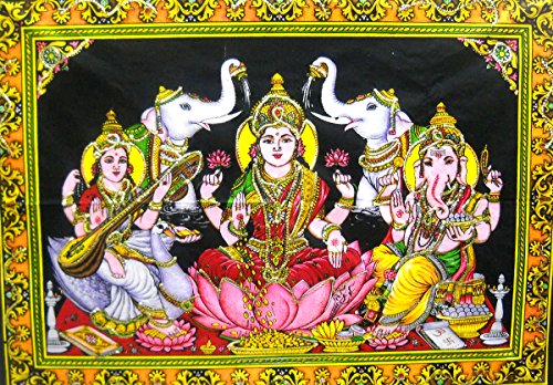 Crafts of India Auspicious Lakshmi Ganesha Saraswati/Diwali Pujan sequin Batik Cotton Wall Painting 40
