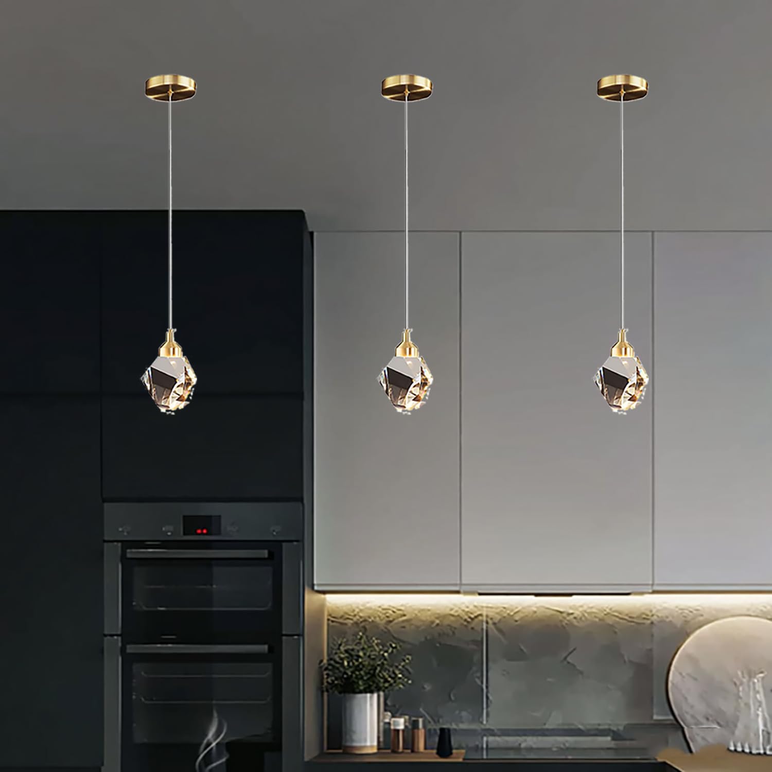 Moderne Kristall-Pendelleuchte, 3-farbige LED-Kristall-Pendelleuchte, verstellbare Höhe, goldene Deckenhängelampe, für Küche, Insel, Schlafzimmer, Esszimmer (Gold)