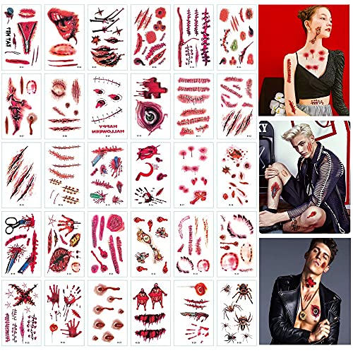 Halloween Scar Temporary Tattoos 30Sheets 3D Fake Face Wound Zombie Spider Stitches Bloody Tattoo Stickers for Adults Kids Cosplay Waterproof Halloween Party Face Body Makeup Decorations Tattoos Kit
