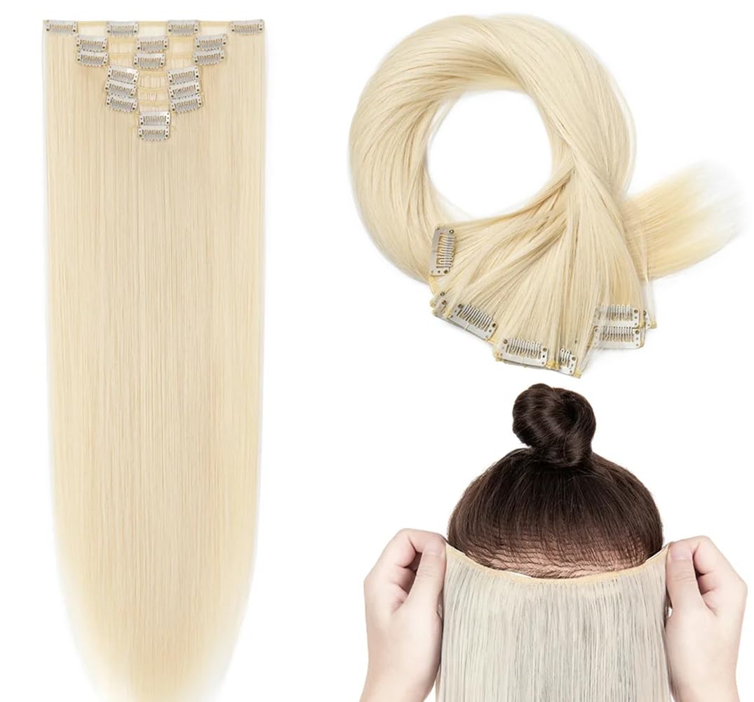 Clip In Human Hair Synthetic Full Head Hair Extension Highlights Streaks (Blonde Straight, Full Head) - Image 2