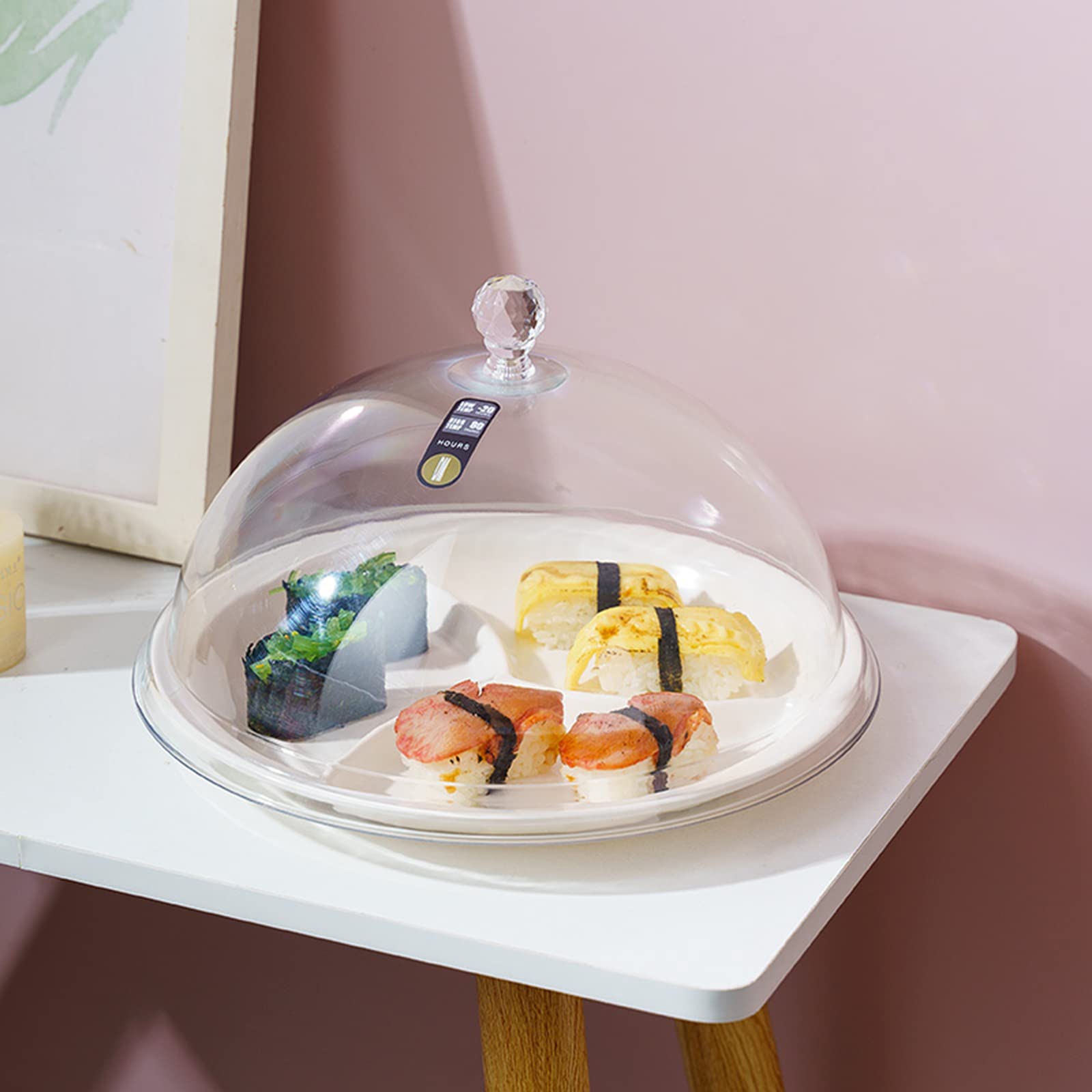 Copertura per Alimenti, Campana Coperchio Microonde,Vassoio per frutta con coperchio a cupola, vassoio separato in melamina bianca con coperchio in plastica trasparente, caramelle, biscotti,