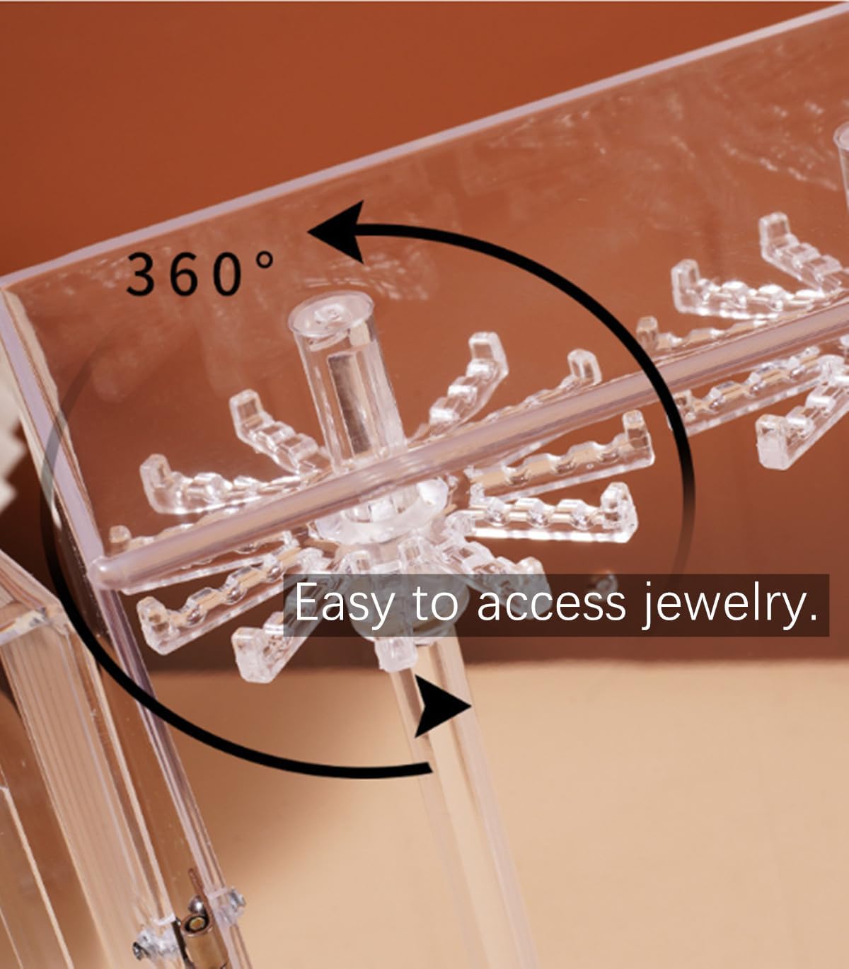Clear Rotating Acrylic Necklace Holder with 24 Hooks, Dustproof Enclosed Jewelry Organizer Display Case, Transparent Freestanding Long Necklaces Storage Rack for Pendants Bracelets, Desktop Vanity Box