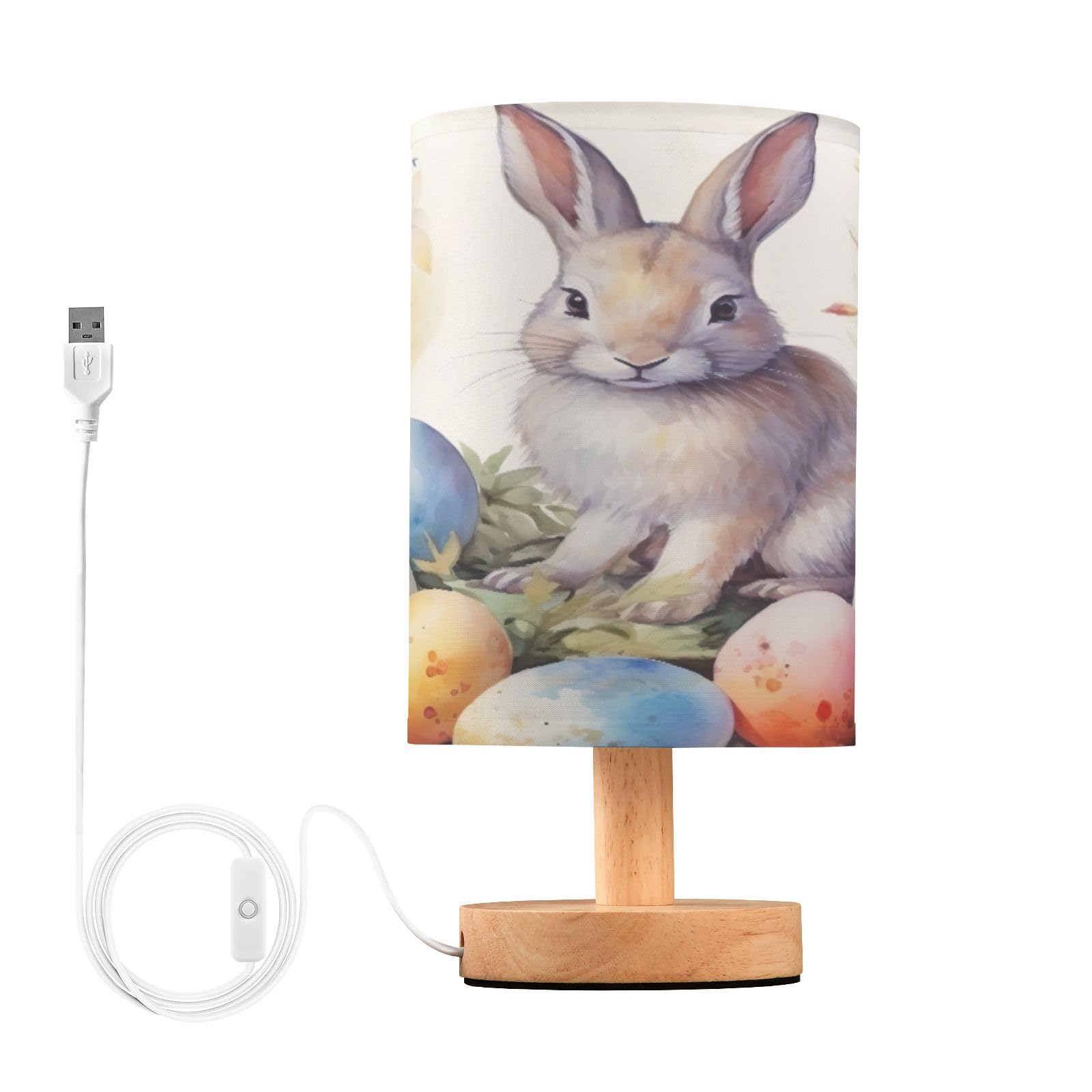 SDMKA Watercolor Rabbit Bedside Table Lamp for Bedroom, Minimalist Nightstand Lamp with Round Fabric Shade for Living Room, Office, No Bulb Required