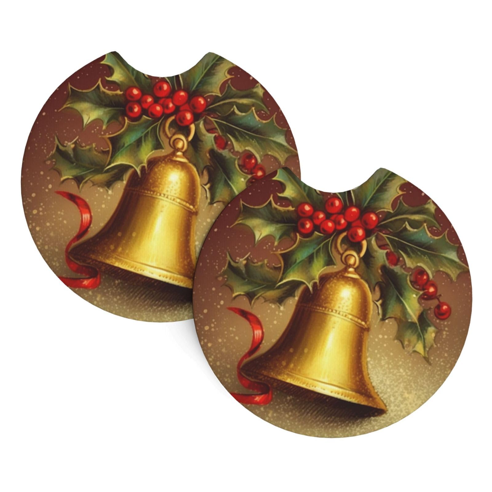 2 Pack Car Coaster for Cup Holders Happy New Year Xmas Tree Bell Car Cup Coaster 2.7" Neoprene Non-Slip Automotive Cup Mat Universal Auto Car Interior Accessories for Women Men Cup Pad
