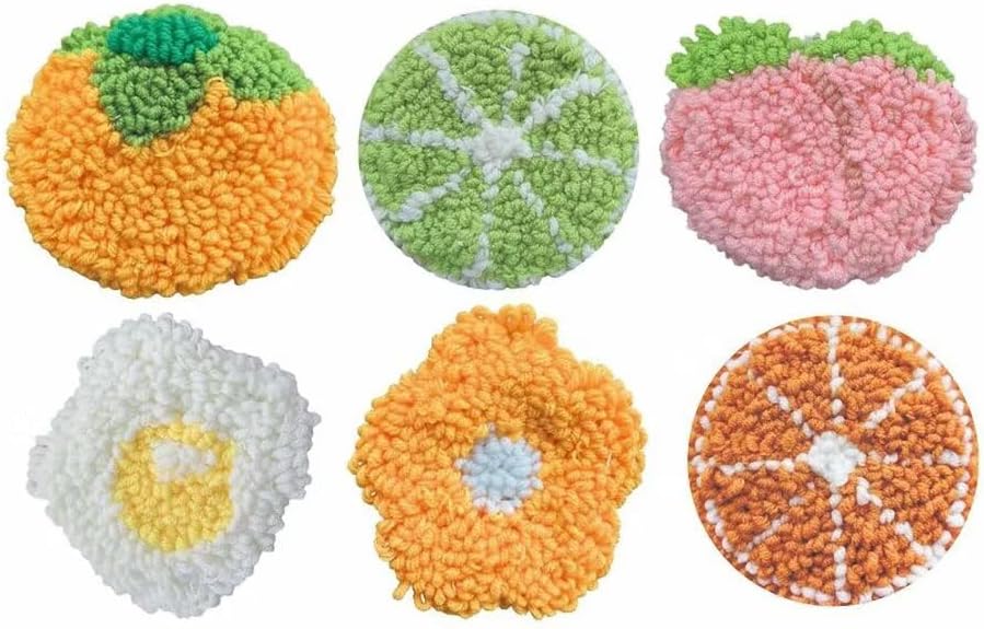 Punch Needle Coaster Kit 6 Patterns Lemon Tufted Rug Pads, DIY Needle Punch Coaster Kit for Adults Beginners with Adhesive Felt Yarns Embroidery Hoop Tools Instruction