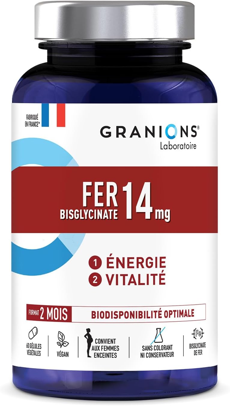 BISGLYCINATE IRON 14 mg GRANIONS Immunity and Energy + B Vitamins – Iron Bisglycinate – Iron Bisglycinate Optimal Bioavailability – Pregnant Women – 60 Capsules 2 Month Format – Made in France
