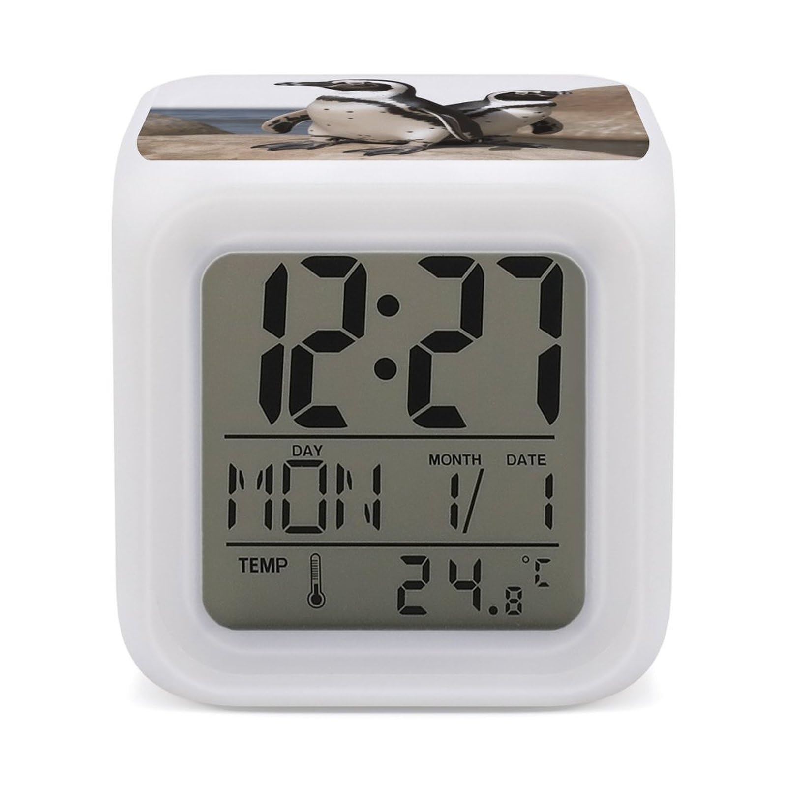 VstaDank African Penguin Alarm Clock with 7 Color Changing Night Light Date Temp Display Wake Clocks LED Display Digital Clock Electric Desk Clocks for Living Office Bedroom Decor