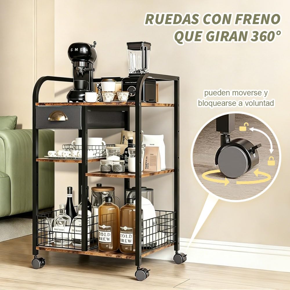 Carrito de Café con Cajón de Almacenamiento, 4 Niveles Ajustables | Barra de Café Móvil con Ruedas, Mesa Auxiliar de , Estación de Café Rústica de Madera Para Cocina, Entrada, Salón o Comedor
