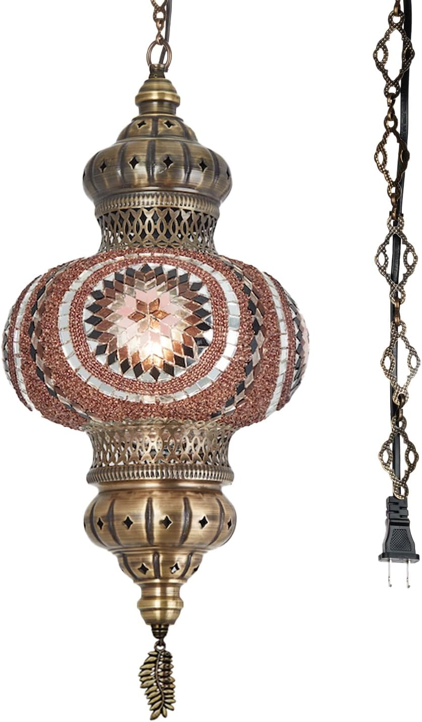 DEMMEX 10" Diameter XL Mosaic Globe Turkish Moroccan Hanging Pendant Lamp, Plug-in Ceiling Light with 15 ft Chain & Cord, 2.5 ft Hanging Height, No Wiring, Handmade (Multicolor)