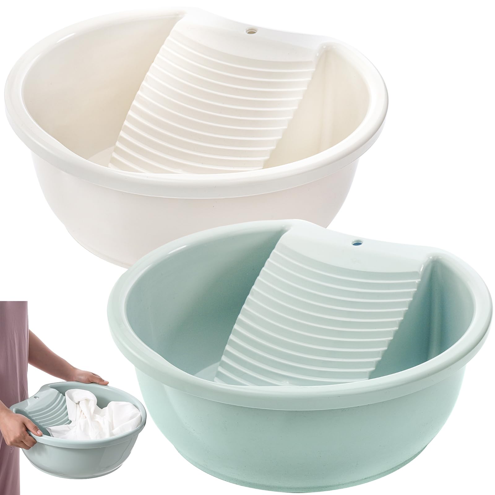 SOUJOY 2 Pack Washboard Basin for Hand Washing Clothes, Plastic Non-Slip Washtub with Integrated Washboard, Small Delicate Articles Washing Clothes Laundry for Home and Outdoor