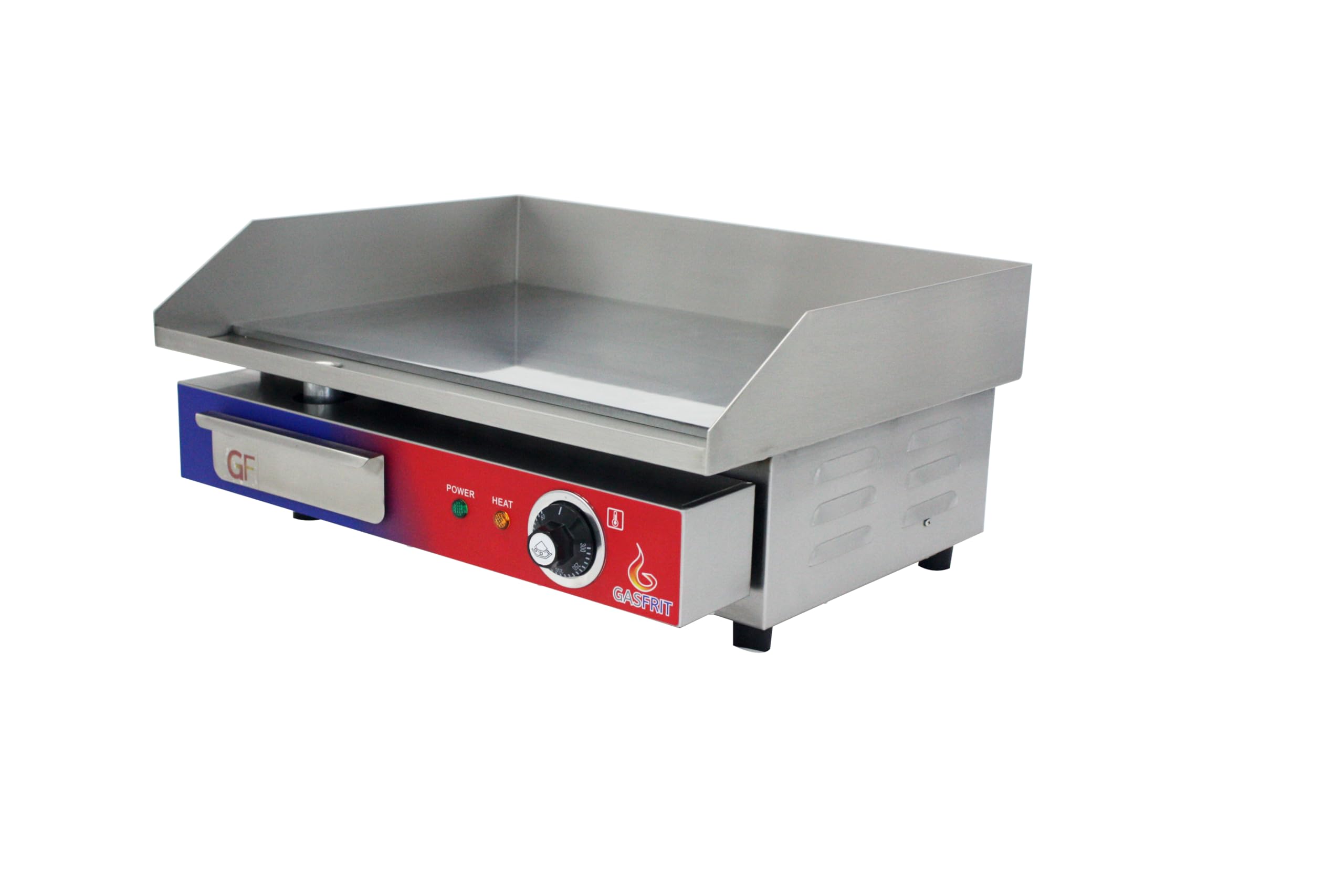 Plancha Industrial electrica de cromo duro con termostato 550 X 430 X 252 mm para Cocina Profesional, Acero Inoxidable, Encendido Piezoeléctrico, Cajón Recograsas