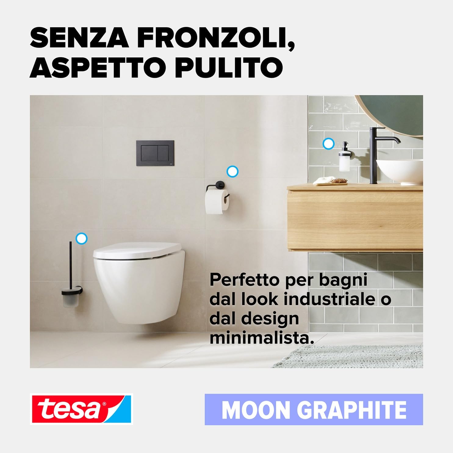 tesa® MOON Gancio per accappatoio in grafite spazzolata - Gancio autoadesivo in metallo rivestito in PVD - non richiede foratura, soluzione adesiva inclusa - 50 mm x 65 mm x 53 mm