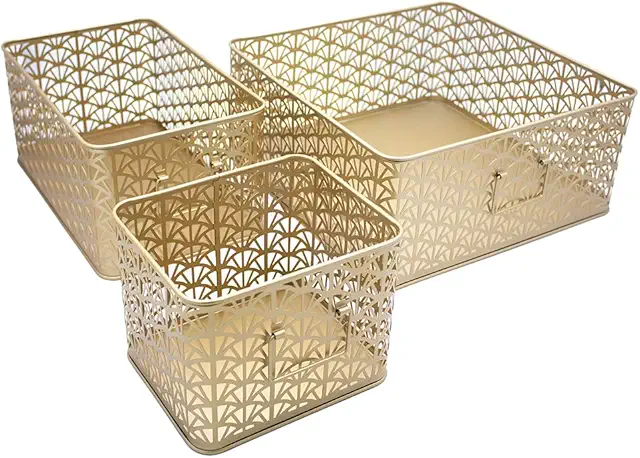 Cestas de Almacenamiento Rectangulares de Metal Canabo - Juego de 3 en Oro