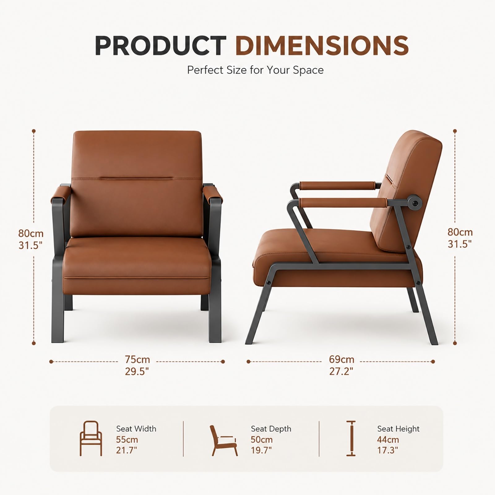 Moderner Sessel mit PU-Leder und Metallgestell, komfortabler Stuhl für Wohnzimmer, Büro, Wartezimmer, Schlafzimmer & Leseecke