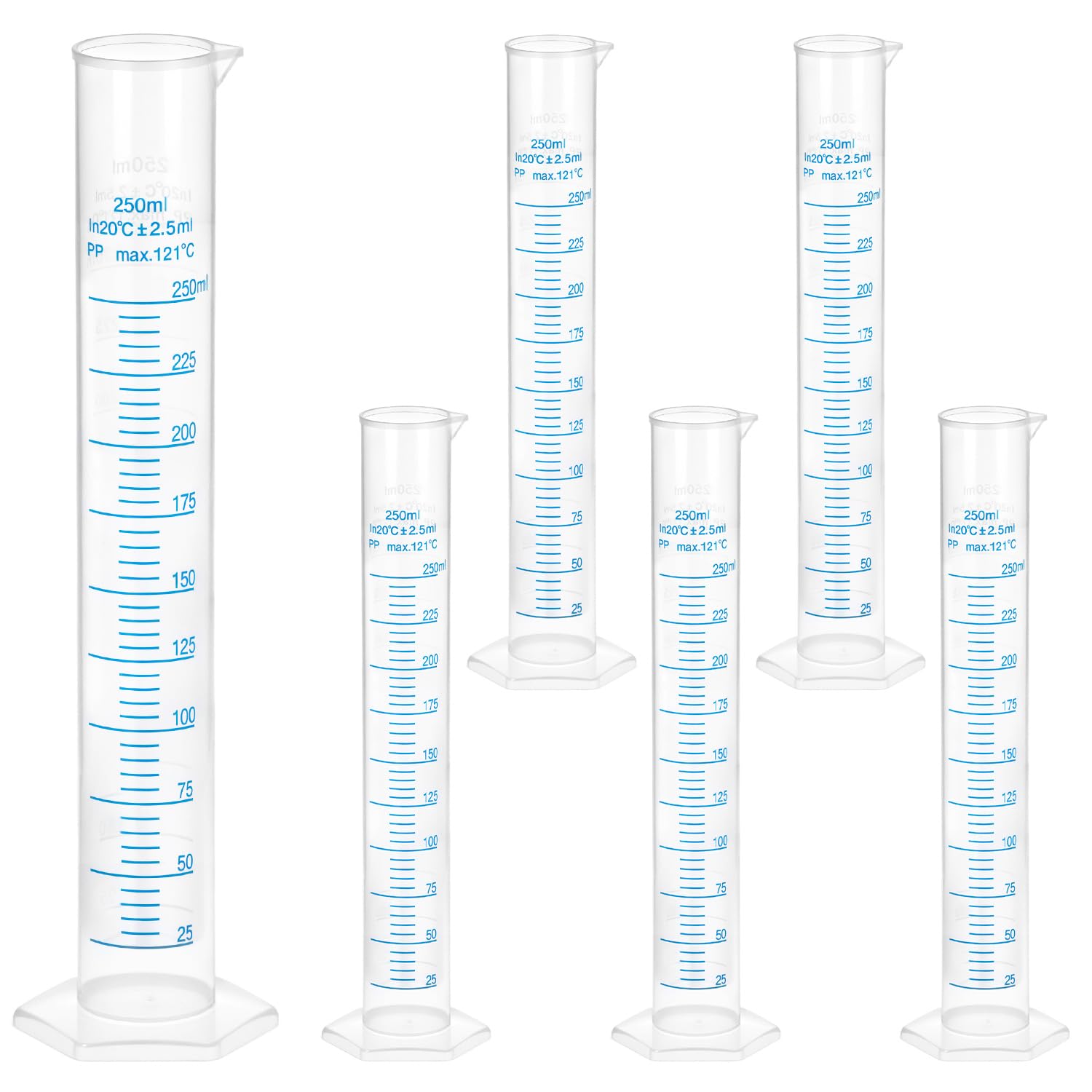 QWORK Confezione da 6 cilindri graduati in plastica, cilindri graduati da 250 ml, cilindro scientifico per provette, doppia linea di marcatura, cilindro graduato con beccuccio per versare
