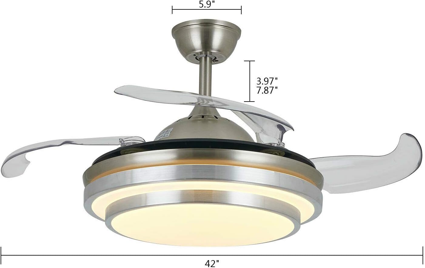 YIYIBYUS 42" Ceiling Fan with Light, Invisible Retractable Blade Chandelier with Remote Control 3 Colors 3 Speed Adjustable Chandelier Ceiling Plate Fixing Device, Living Room Bedroom Dining Room