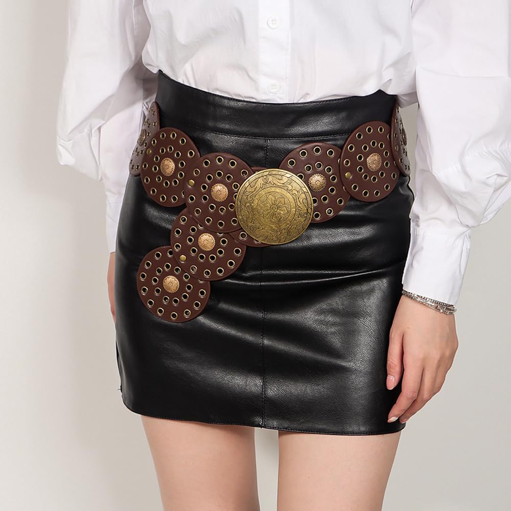 LIMHOO Ceinture à Large Disque Pour Femmes Ceinture Ronde Creuse en Cuir Ceinture de Taille Occidentale Boho