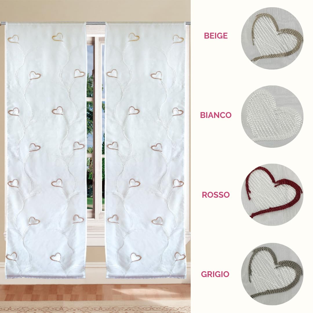 Tata Home Coppia Tendoni per Interni a Vetro Finestra Semitrasparenti Bianche Tende Camera Soggiorno Sala da Pranzo Fantasia Shabby Chic 140x290 cm con Cuori Beige
