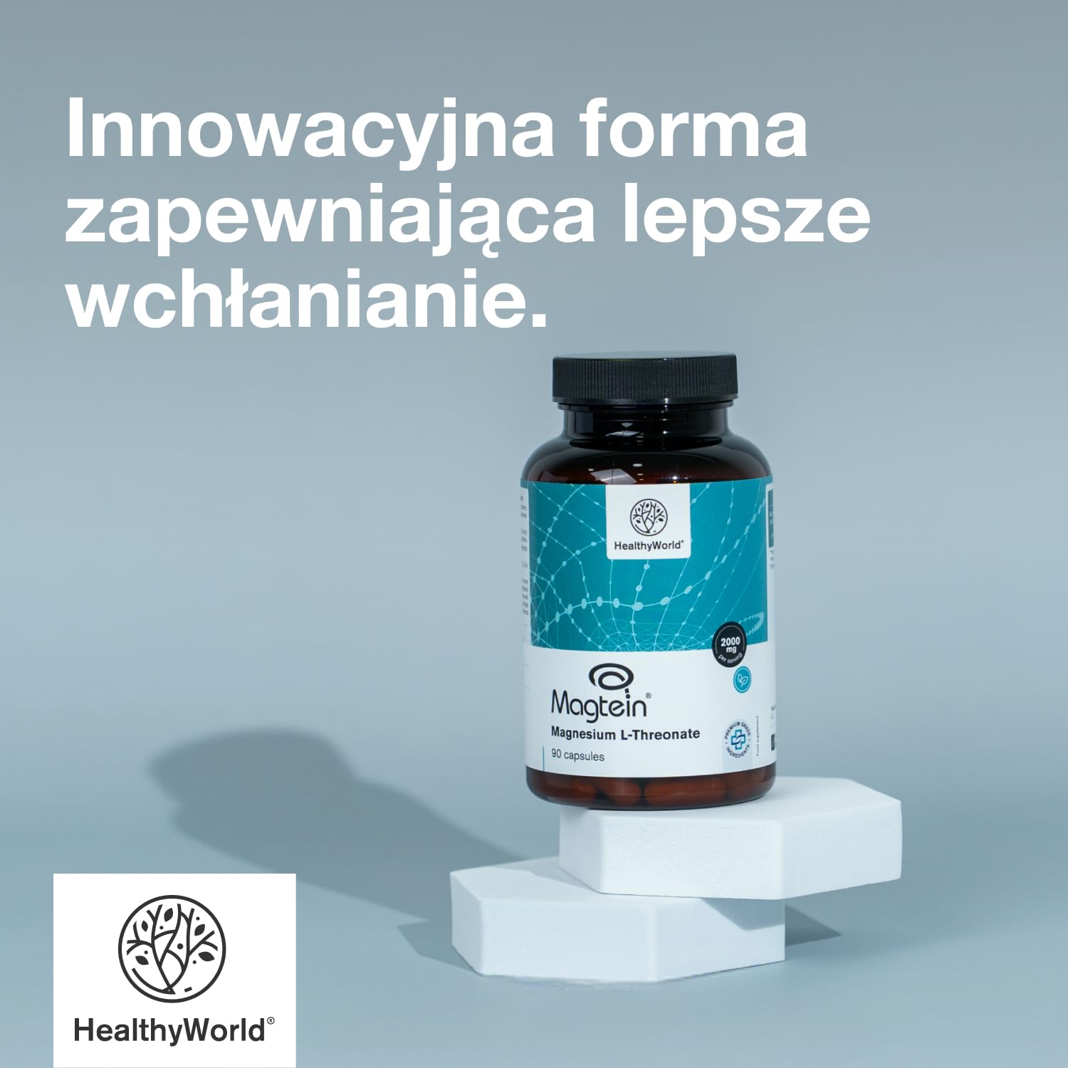 HealthyWorld L-treonian magnezu Magtein 2000 mg – 90 Kapsułek – Opatentowana forma – Wsparcie Układu Nerwowego i Witalności – Wysoka Absorpcja – Bez Alergenów