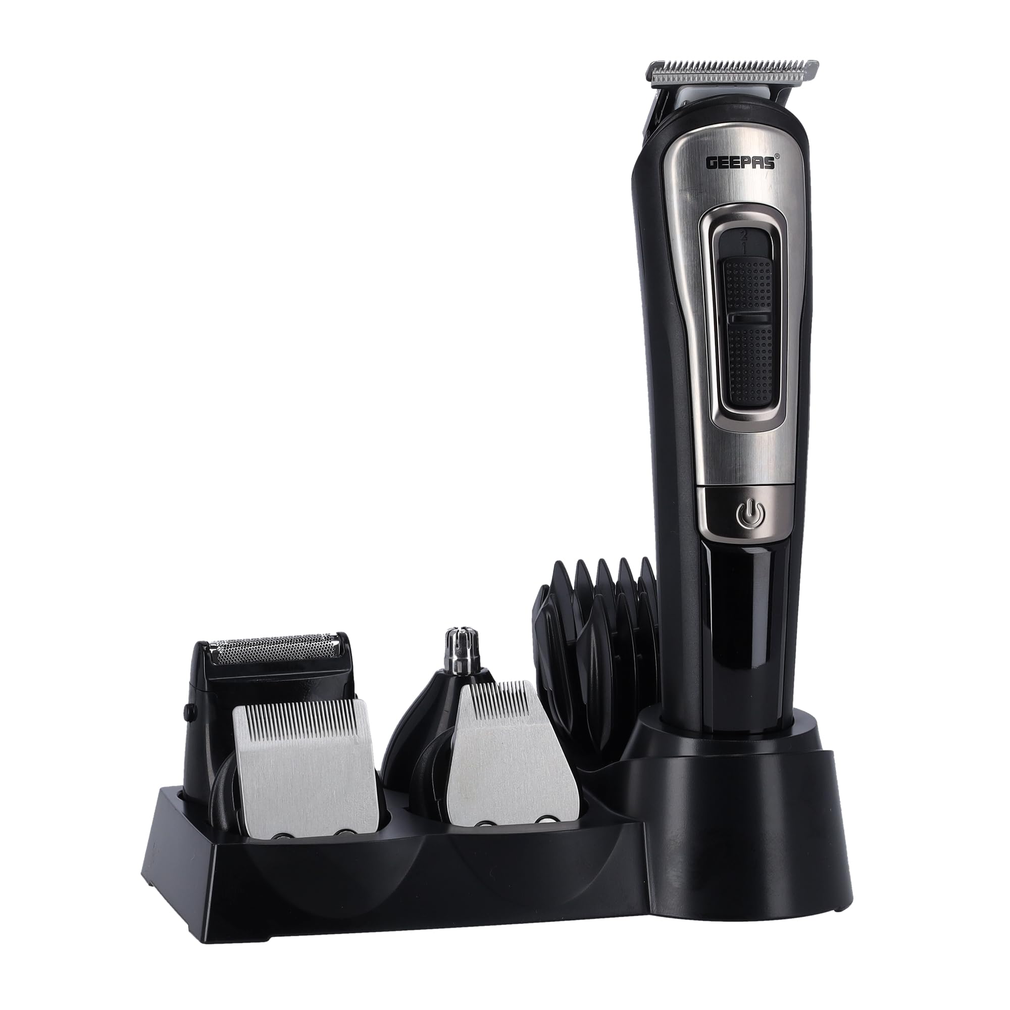 Geepas 11-in-1 Rechargeable Grooming Kit- GTR57527ID/ with 5 Interchangeable Heads and 5 Comb Attachments, Stainless Steel Blades/ 40-50 Minutes Cordless Use, USB Charging with LED Indicator/ Prefect for Home, Salon and Professional Styling/ 2 Years Warranty, Black and Silver-image-47
