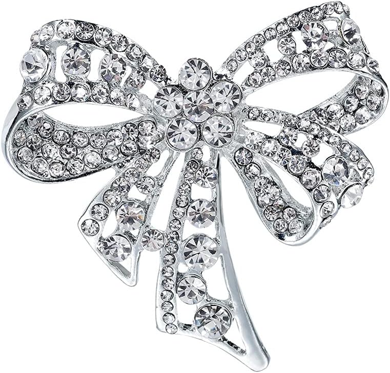 1 Piece Brooch Pin Bow Brooch Rhinestone Bow Brooches Bowknot Brooch Pin Vintage Fashion Jewelry Accessories, Silver