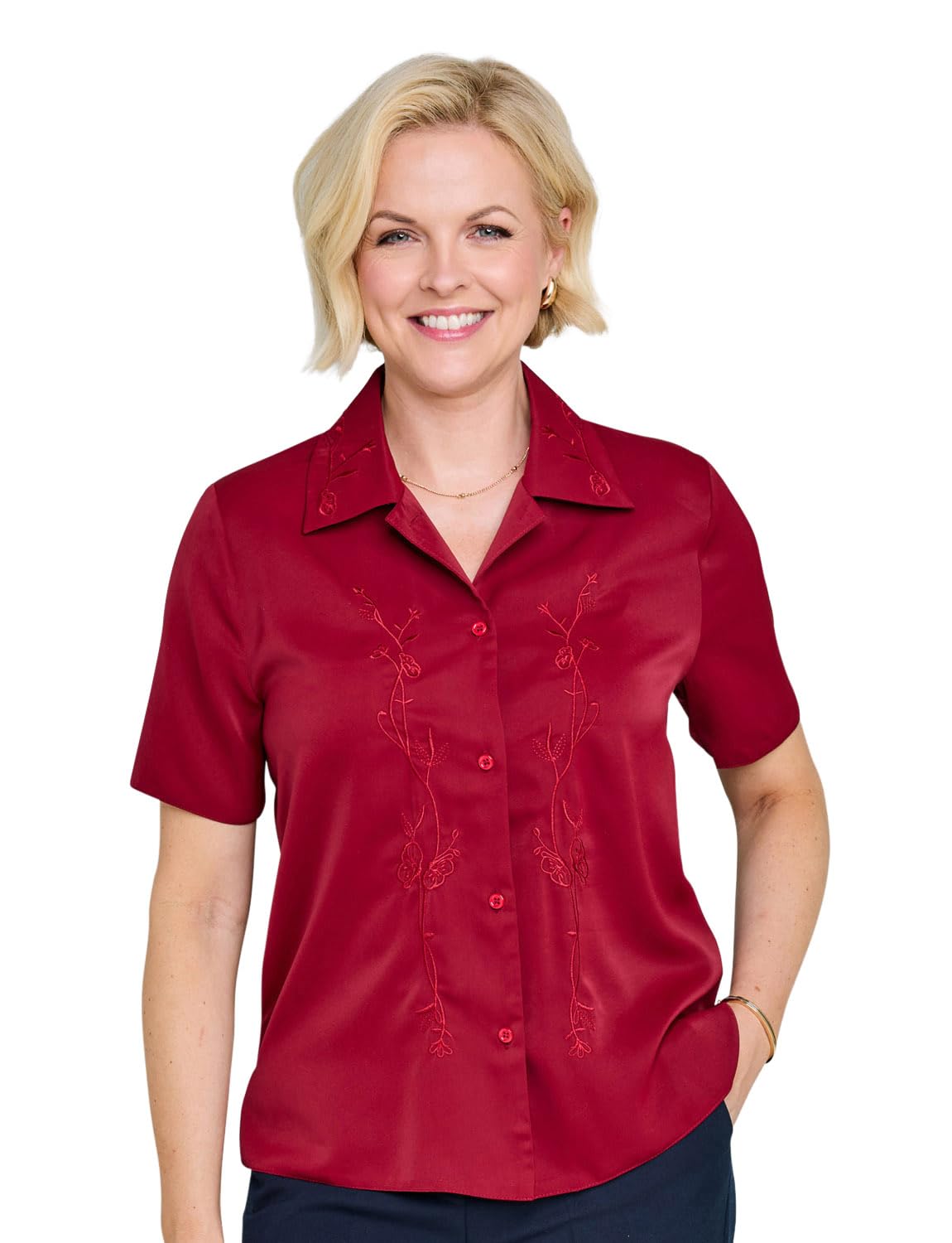 Chums Ladies Embroidered Blouse Short Sleeve Button Up Wine 22