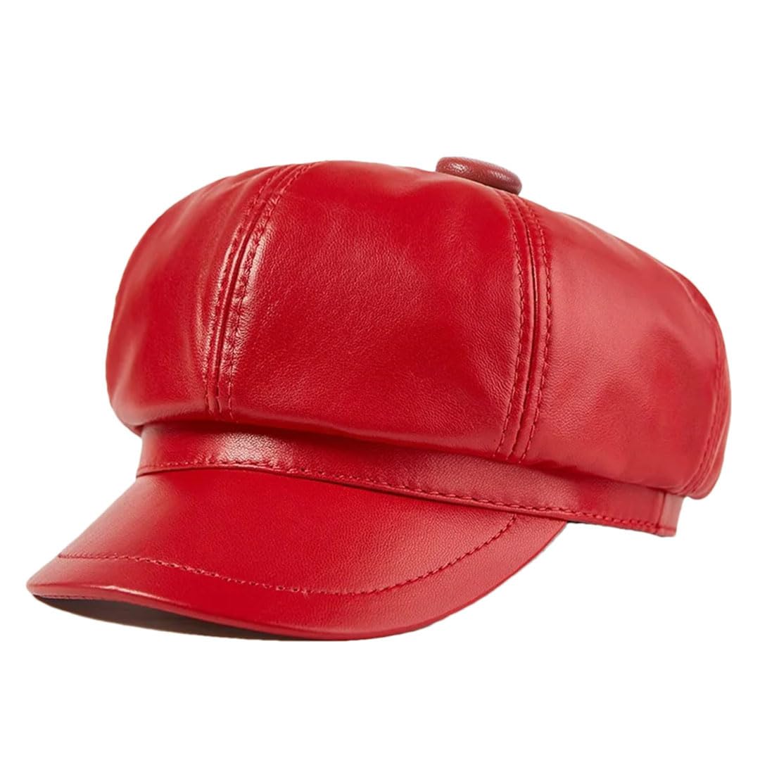 Gorra de piel auténtica para mujer, estilo vintage, de piel de oveja, estilo panadero, octogonal, para invierno, rosso, XXL
