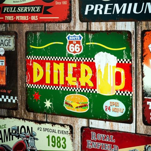 Image of Decorative Retro Metal Signs Wall Plate - 12x8 Inch (Rout 66 Diner) | Weatherproof Vintage Metal Sign Plate for Cafe, Home, Bar, Garage | Decorative Wall Hanging Sign Board