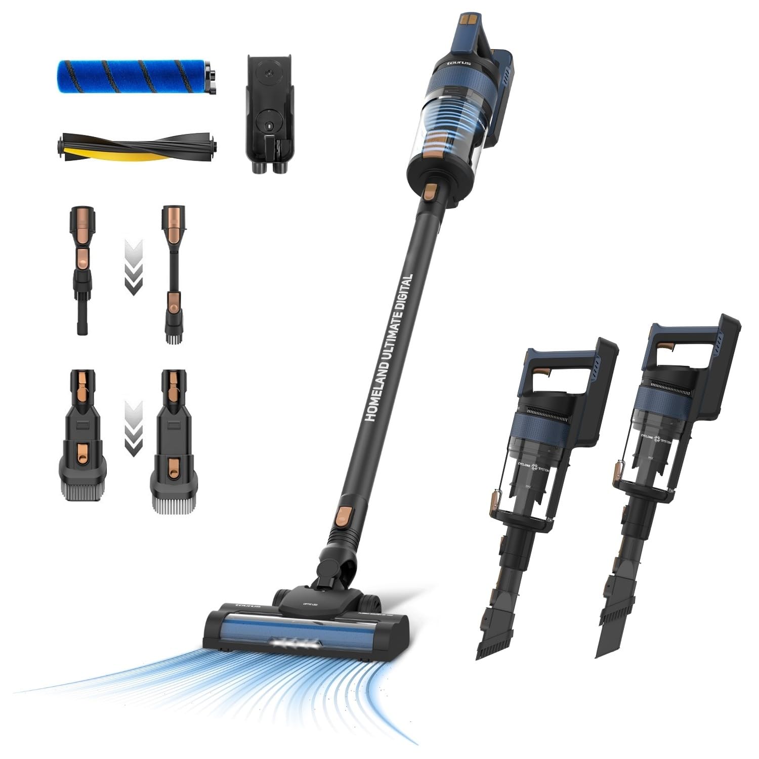 Taurus - Scopa Elettrica Homeland Ultimate Digital | 400W | 21.000Pa | Filtrazione Avanzata | Spazzole ALL ROAD e FUZZY | LED OPTIC | Batteria Rimovibile 29,6V | Display LCD