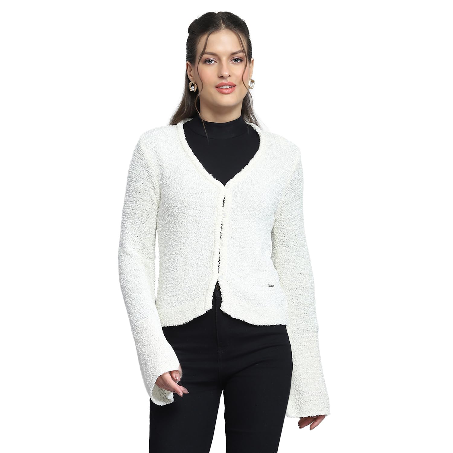 monte carlo Womens Self Design Off White V Neck Full Sleeve Cardigan_1243624VN-1-picture-43