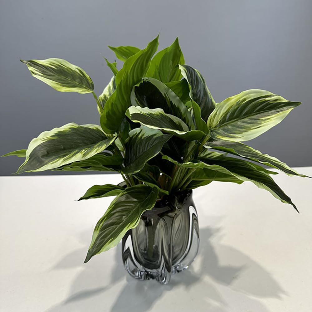 4Packs Variegated Hosta Artificial Plant 17.7" Faux Green Dieffenbachia Plant Greenery Aesthetic House Plants Outdoor Shrubs Indoor Office Yard UV Resistant Planter Filler (4)