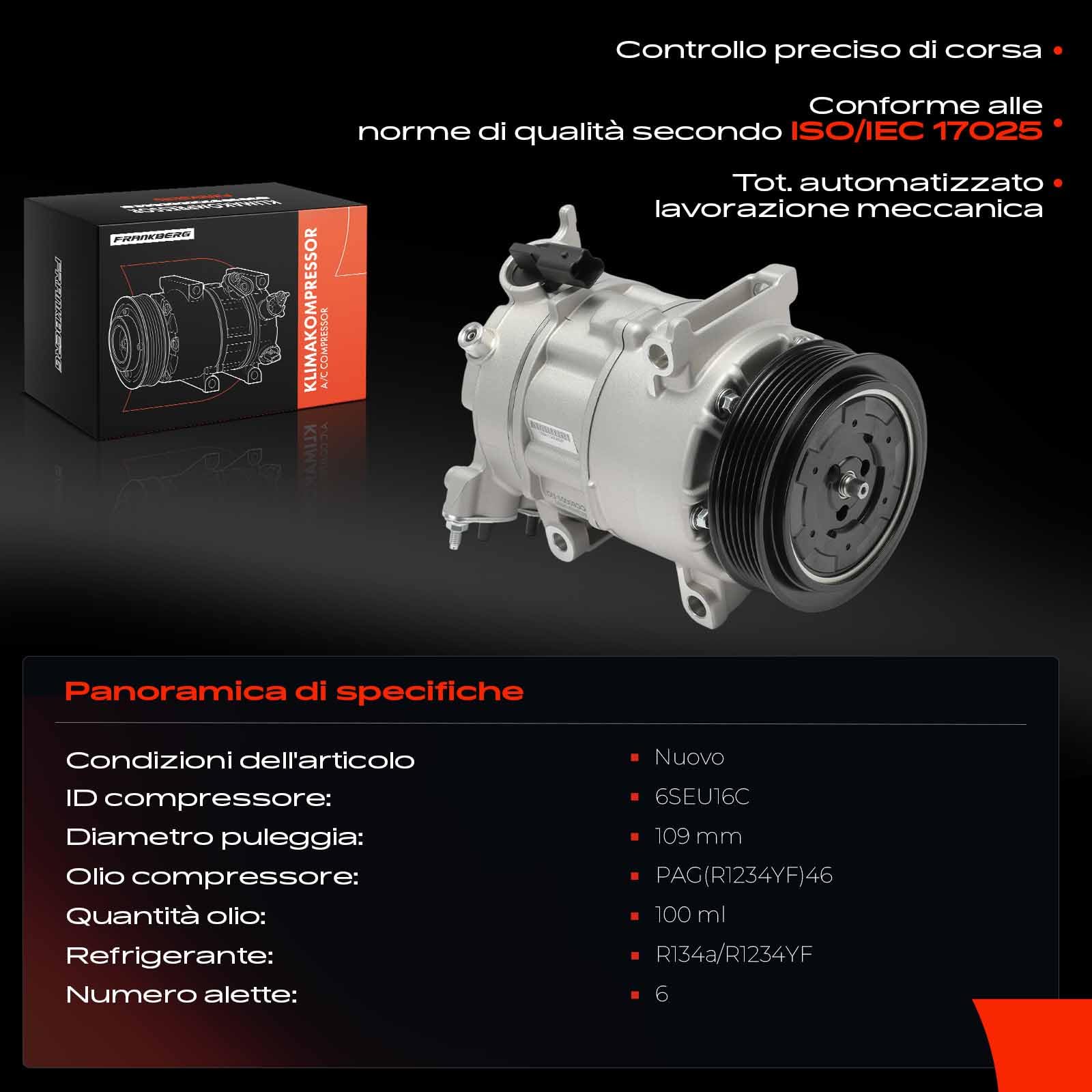 Frankberg Compressore aria condizionata con frizione Compatibile 208 I CA CC C3 II SC 2008 I CU DS3 SA SB ACP1591000S