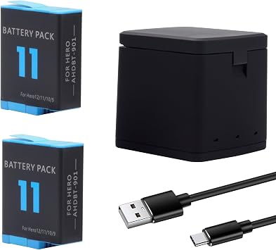 2-Pack Hero 11 Batteries for Hero 12, Hero 11, Hero 10, Hero 9 Black Sport Action Camera with 3 Channel Battery Charging Station Power Fast Portable Accessory High Capacity