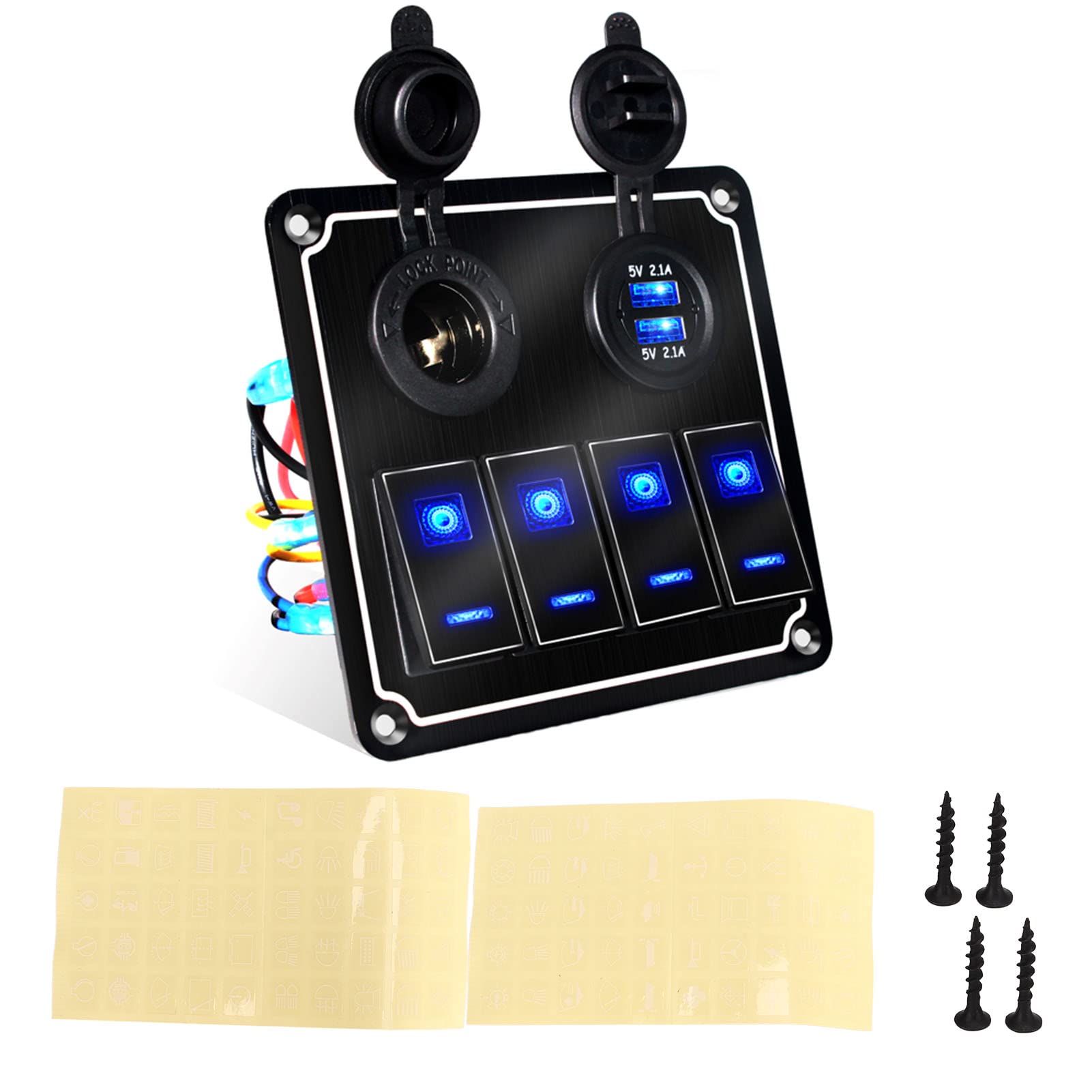 Rocker Switch Panel 4 Gang 12V/24V con Doble USB, Sobrecarga y Luz de Fondo Azul para Automóviles, Vehículos Recreativos, Remolques, UTVS