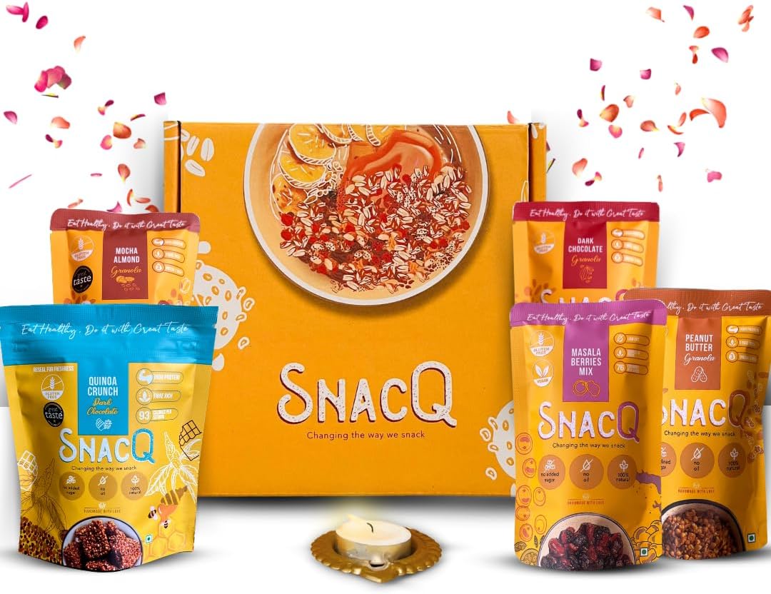 SnacQ Diwali Gift Hamper for your Friends/Family | Healthy & Tasty Delights For Your Diwali Celebrations | 6 Items Gift Hamper | Berries Mix, Delicious Granola, Crunchy Chocolate Dessert & Diya