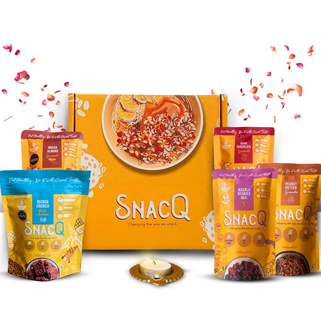 SnacQ Diwali Gift Hamper for your Friends/Family | Healthy & Tasty Delights For Your Diwali Celebrations | 6 Items Gift Hamper | Berries Mix, Delicious Granola, Crunchy Chocolate Dessert & Diya